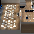 Exhibition Hall Layout With White Round Tables Chairs And Blue Light Displays