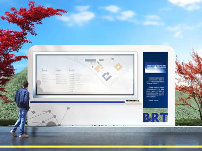 BRT Information Billboard With Map Display And Person Near Red Trees Under Blue Sky 3d model