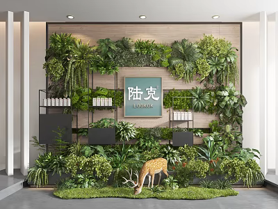 Lush Indoor Plant Wall Design Featuring LUKO Sign Deer And Shelves 3d model