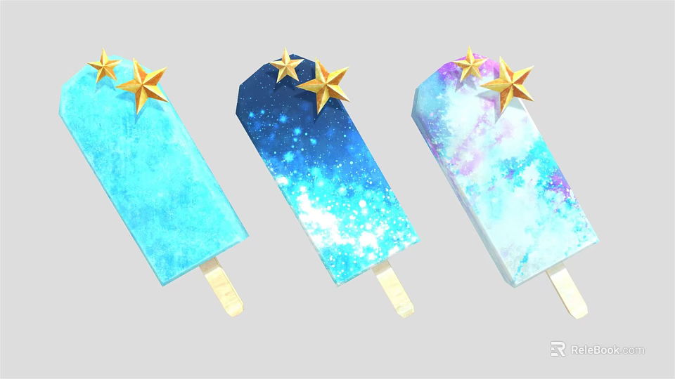 Colorful Galaxy Popsicles with Blue Blue-White and Blue-Purple Gradient Topped with Golden Stars 3d model 