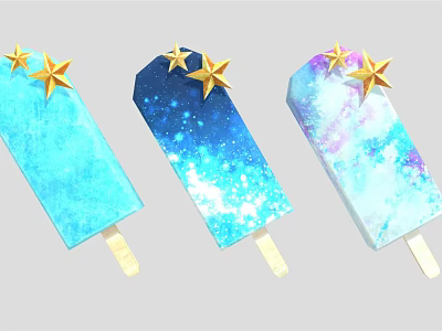 Colorful Galaxy Popsicles with Blue Blue-White and Blue-Purple Gradient Topped with Golden Stars 3d model