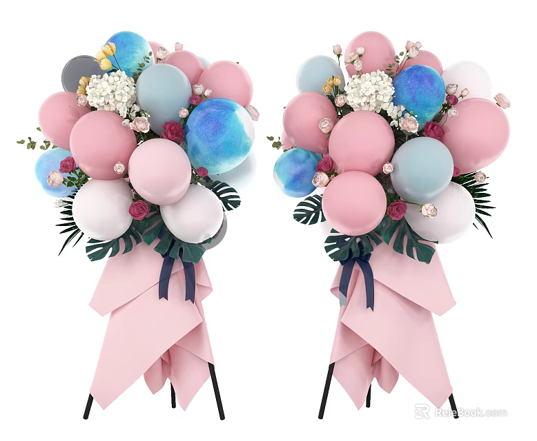 Colorful Balloon Bouquets With Pink Blue White Balloons Green Leaves And Ribbon For Home 3d model 
