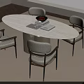 Modern Dining Table Set with Oval Light Colored Tabletop Four Chairs Black Bowl and Books