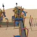Colorful Playground Equipment With Slides Steps Yellow Railings And Tree Decorations
