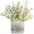 Elegant Decorative Ornament Set with Fresh White Daisies in Silver Striped Vase