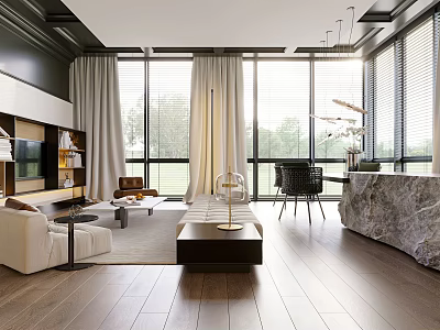 Bright Modern Living Dining Room Interior With Large Windows And Wooden Flooring 3d model