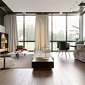 Bright Modern Living Dining Room Interior With Large Windows And Wooden Flooring