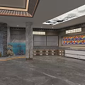 Open Kitchen Restaurant Interior With Marble Columns Food Display Counters And Menu Boards 3d model