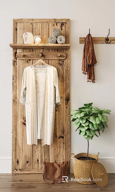 Cream Robe With Lace Trim Hanging On Wooden Wall Near Brown Scarf And Green Plant 3d model 