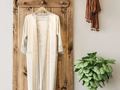 Cream Robe With Lace Trim Hanging On Wooden Wall Near Brown Scarf And Green Plant 3d model