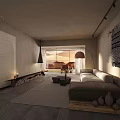 Dining and Living Room Interior With Wooden Ceiling Large Windows Fireplace And Natural Light