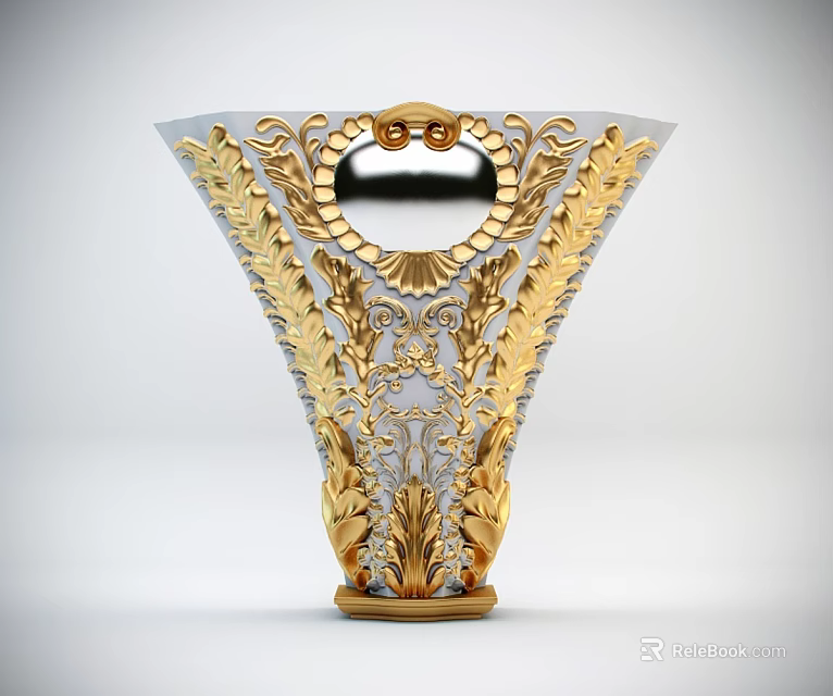 Intricate Vase Shaped Sculpture Carving With Gold Silver Details And Floral Patterns 3d model 