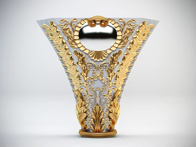 Intricate Vase Shaped Sculpture Carving With Gold Silver Details And Floral Patterns 3d model