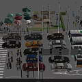 Urban Street Scene With Cars Buses Pedestrians Traffic Lights And Seating Areas Under Umbrellas