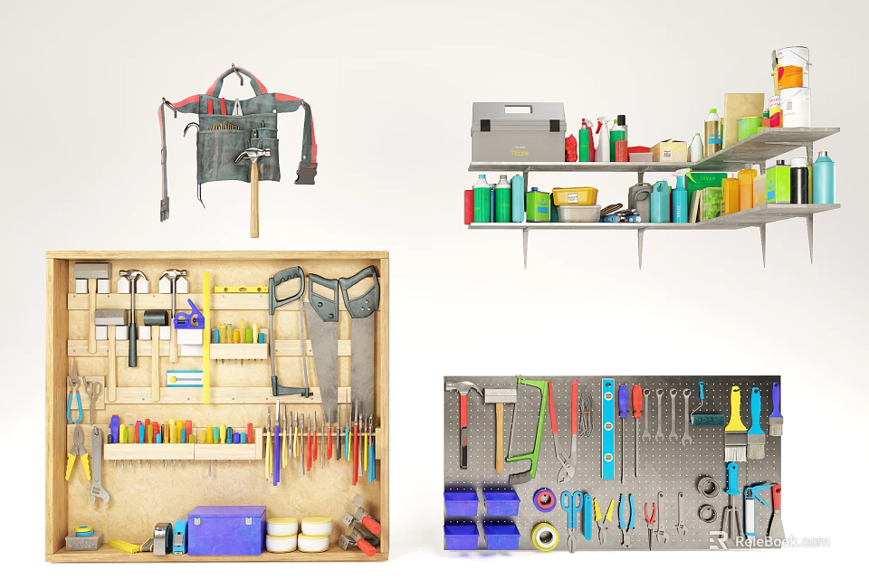 Essential Hardware Tools Collection with Tool Bag Toolbox and Organized Tool Rack Storage 3d model 