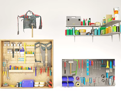 Essential Hardware Tools Collection with Tool Bag Toolbox and Organized Tool Rack Storage 3d model