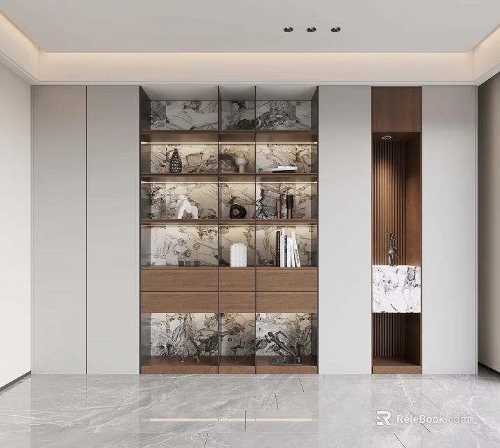 Modern Luxury Bookshelf Interior Design With Wooden Panels Glass Shelves And Decorative Items 3d model 