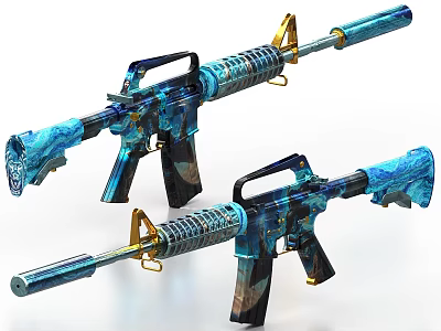 Two Stylish Blue And Gold Patterned Rifles With Modern Decorative Design 3d model