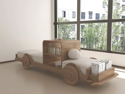 Multi-seat Sofa with Wooden Frame Wheeled Design Storage Shelves by Window Green Trees View 3d model