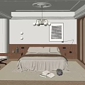 Modern Elegant Bedroom Interior With Bed Chandelier Wooden Furniture Rug Wall Art And Chair