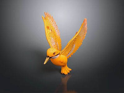 Vibrant Orange Bird Sculpture with Spread Wings and Glossy Feather Details on Dark Background 3d model