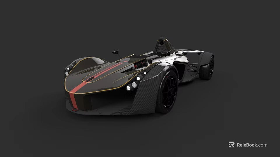 Black Open Top Race Car With Streamlined Design Red Stripe And Gold Accents 3d model 