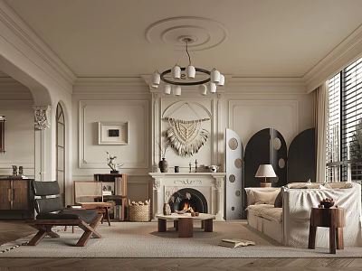 Elegant Living Room Interior With Fireplace Chandelier Sofa Macramé Wall Hanging And Arched Doorway 3d model