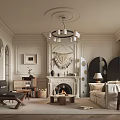 Elegant Living Room Interior With Fireplace Chandelier Sofa Macramé Wall Hanging And Arched Doorway