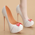 White High Heels with Red Bow on Toe Stiletto Heels Pleated Design Women's Fashion Shoes