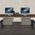 Modern Office Desk Setup With Dual Monitors Two Chairs And Stacked Files