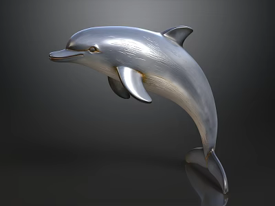 Silver Dolphin Sculpture in Leaping Pose with Dark Background Decorative Art 3d model