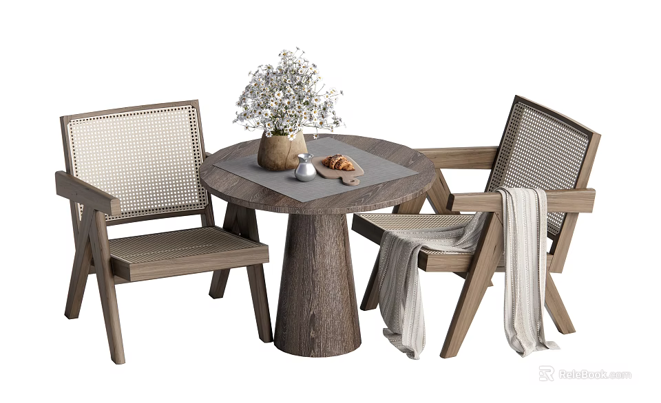 Round Wooden Table and Woven Chair Set with Floral Vase Bread and Light Blanket 3d model 