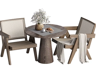 Round Wooden Table and Woven Chair Set with Floral Vase Bread and Light Blanket 3d model