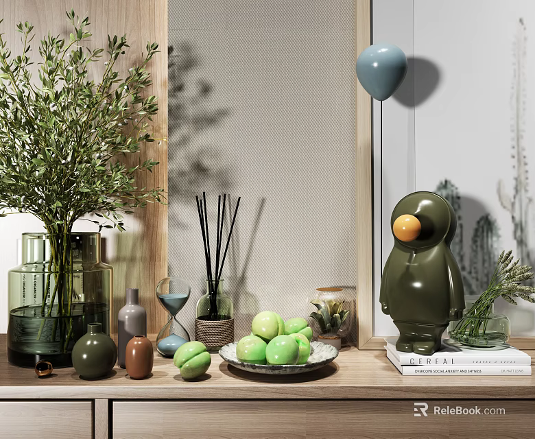 Tabletop Decorative Ornament Set With Green Plants Glass Vase Aromatherapy Sticks And Fruit Decor 3d model 