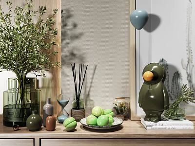 Tabletop Decorative Ornament Set With Green Plants Glass Vase Aromatherapy Sticks And Fruit Decor 3d model