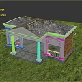 Cartoon Scene Small Pavilion With Gray Mossy Roof White Columns Red Brick Walls Green Grass