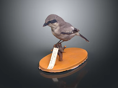 Detailed Stuffed Bird Specimen Perched On Round Orange Base With Small White Tag 3d model