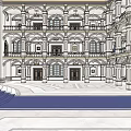 Sacred Religious Building With Symmetrical Steps Blue Flags And Ornate Decorations