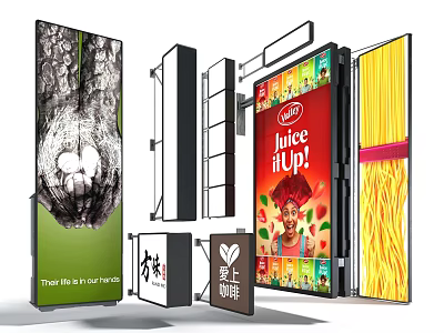 Varied Billboard Designs Featuring Juice Ads Pasta Displays And Modern Visuals 3d model