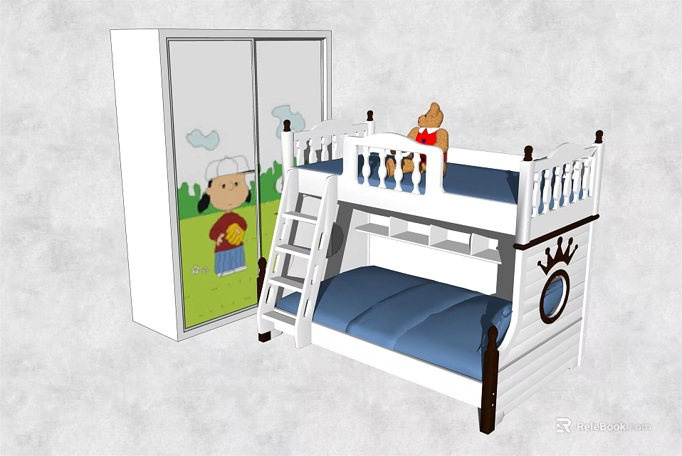White Bunk Bed With Blue Mattress Ladder And Cartoon Wardrobe For Kids Room 3d model 