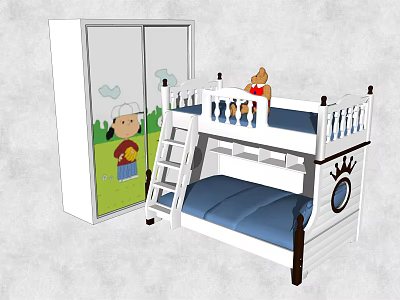 White Bunk Bed With Blue Mattress Ladder And Cartoon Wardrobe For Kids Room 3d model