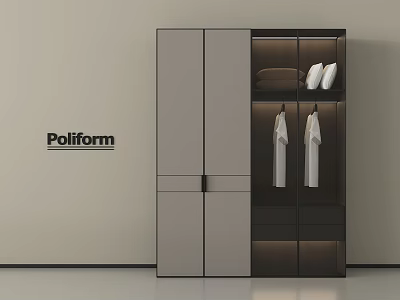 Modern Poliform Wardrobe Interior Design With Hanging White Clothes And Storage Compartments 3d model