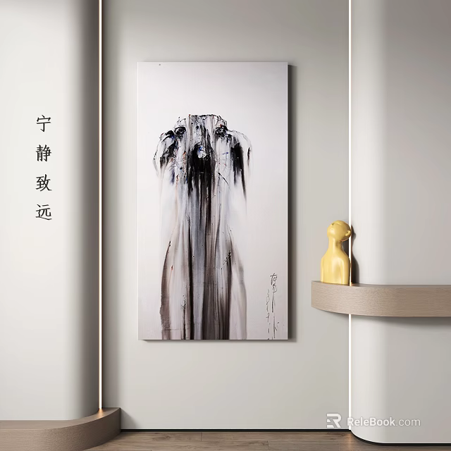 Abstract Ink Painting Decor With Serene Vibe Yellow Ornament And Curved Shelf 3d model 