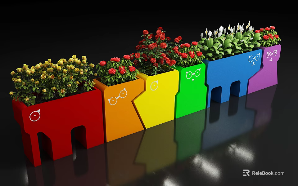 Colorful Garden Decorative Planters With Icon Designs And Mixed Flower Blooms 3d model 