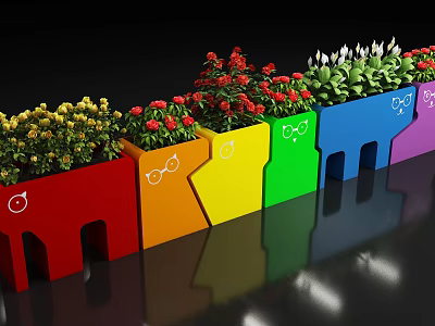 Colorful Garden Decorative Planters With Icon Designs And Mixed Flower Blooms 3d model