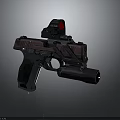 Red And Black Tactical Pistol With Red Dot Sight And Flashlight On Dark Reflective Surface
