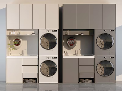 Sleek White and Gray Front Loading Washing Machines in Modern Cabinetry Laundry Setup 3d model