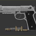 Silver Metallic Pistol With Magazine And Bullets On Reflective Black Surface 3d model