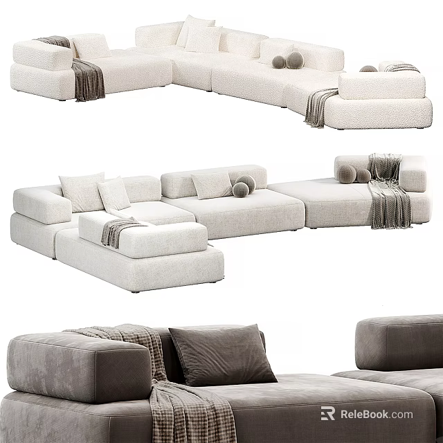 Beige Sectional Sofa With Soft Upholstery Decorative Pillows And Throw Blankets 3d model