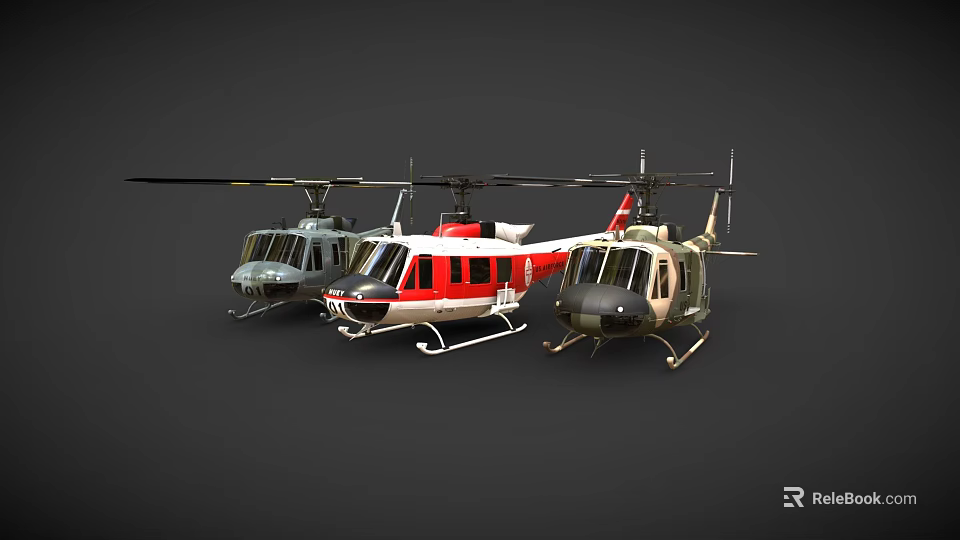 Three Different Design Helicopters Showcased On Gray Background With Detailed Features 3d model 